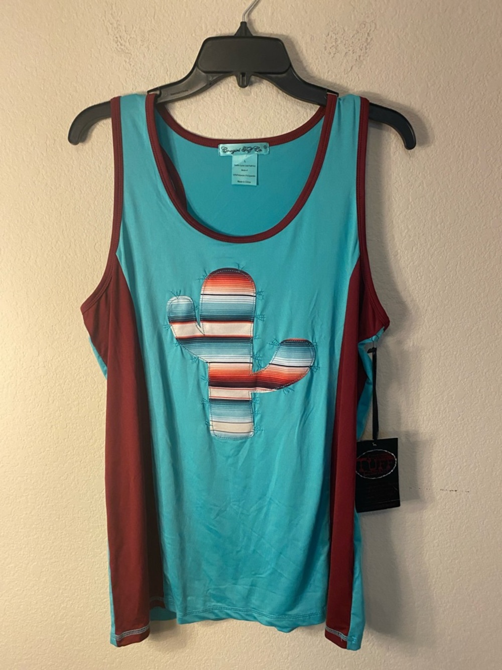 Cowgirl Tuff Turquoise & Maroon Cactus Muscle Tank